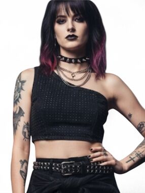 Zara Moto Rocker Studded Asymmetrical Black Demim Bralette Top SZ M